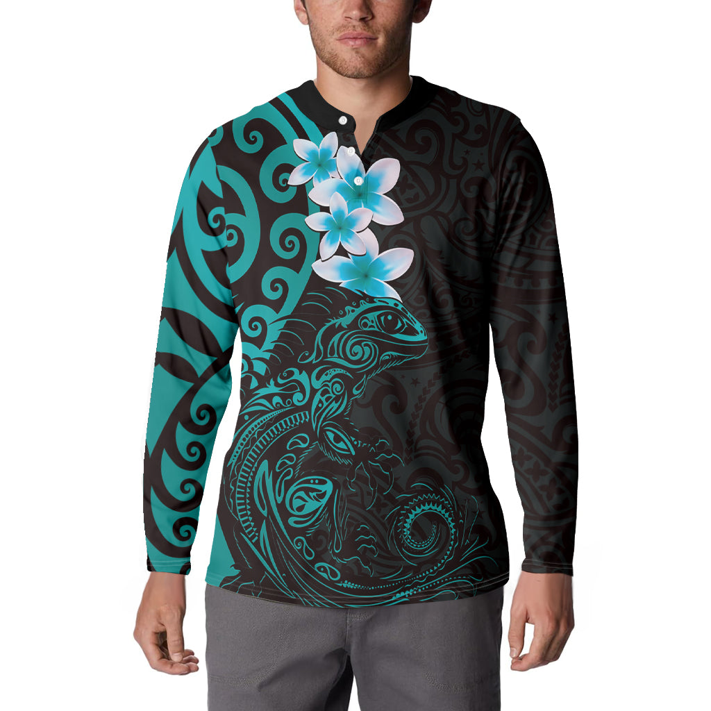 New Zealand Tuatara Plumeria Button Sweatshirt Maori Teal Koru Tribal Tattoo LT01 - Polynesian Pride