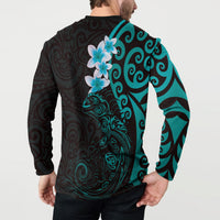 New Zealand Tuatara Plumeria Button Sweatshirt Maori Teal Koru Tribal Tattoo LT01 - Polynesian Pride