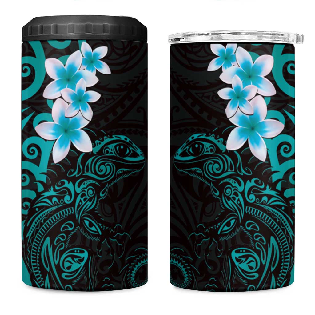 New Zealand Tuatara Plumeria 4 in 1 Can Cooler Tumbler Maori Teal Koru Tribal Tattoo