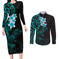New Zealand Tuatara Plumeria Couples Matching Long Sleeve Bodycon Dress and Long Sleeve Button Shirt Maori Teal Koru Tribal Tattoo LT01 Teal - Polynesian Pride