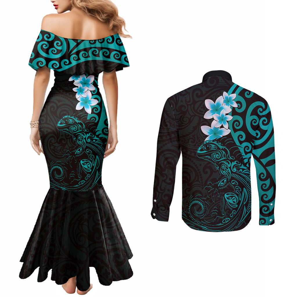 New Zealand Tuatara Plumeria Couples Matching Mermaid Dress and Long Sleeve Button Shirt Maori Teal Koru Tribal Tattoo LT01 - Polynesian Pride
