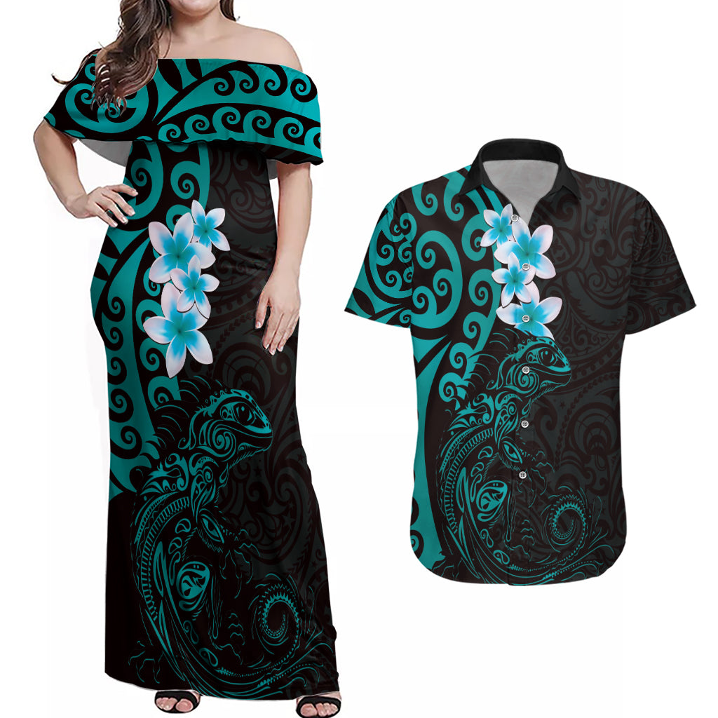 New Zealand Tuatara Plumeria Couples Matching Off Shoulder Maxi Dress and Hawaiian Shirt Maori Teal Koru Tribal Tattoo LT01 Teal - Polynesian Pride