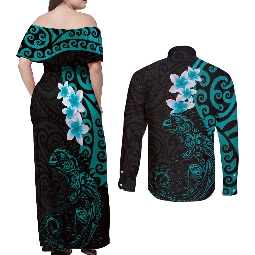 New Zealand Tuatara Plumeria Couples Matching Off Shoulder Maxi Dress and Long Sleeve Button Shirt Maori Teal Koru Tribal Tattoo LT01 - Polynesian Pride