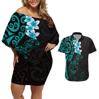 New Zealand Tuatara Plumeria Couples Matching Off Shoulder Short Dress and Hawaiian Shirt Maori Teal Koru Tribal Tattoo LT01 Teal - Polynesian Pride