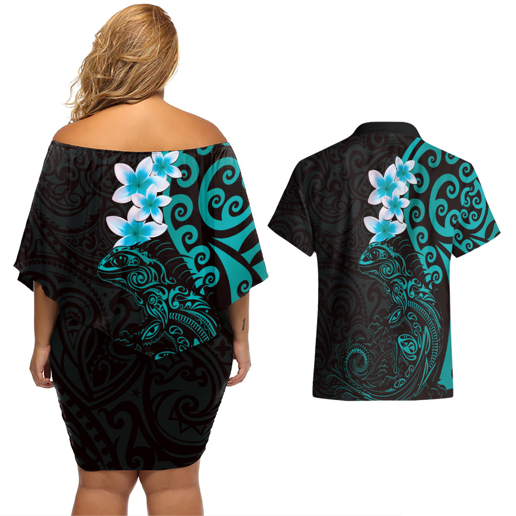 New Zealand Tuatara Plumeria Couples Matching Off Shoulder Short Dress and Hawaiian Shirt Maori Teal Koru Tribal Tattoo LT01 - Polynesian Pride