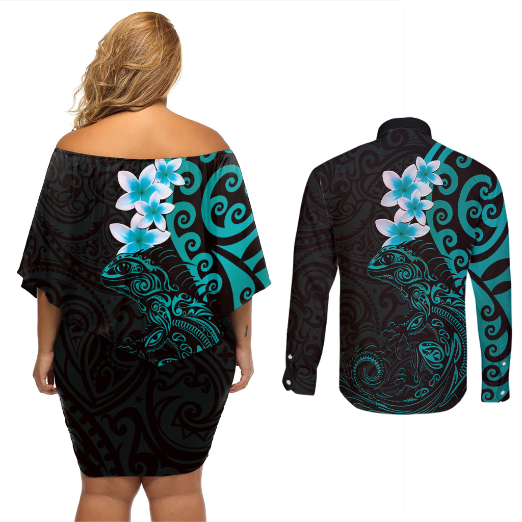 New Zealand Tuatara Plumeria Couples Matching Off Shoulder Short Dress and Long Sleeve Button Shirt Maori Teal Koru Tribal Tattoo LT01 - Polynesian Pride