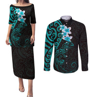 New Zealand Tuatara Plumeria Couples Matching Puletasi and Long Sleeve Button Shirt Maori Teal Koru Tribal Tattoo