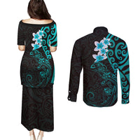 New Zealand Tuatara Plumeria Couples Matching Puletasi and Long Sleeve Button Shirt Maori Teal Koru Tribal Tattoo