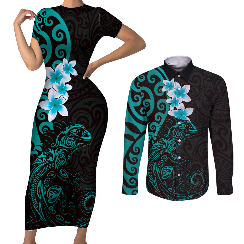New Zealand Tuatara Plumeria Couples Matching Short Sleeve Bodycon Dress and Long Sleeve Button Shirt Maori Teal Koru Tribal Tattoo LT01 Teal - Polynesian Pride