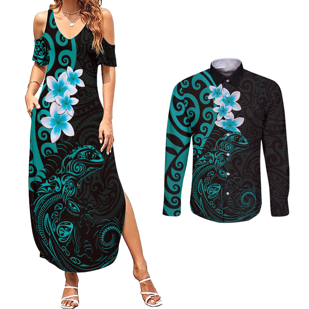 New Zealand Tuatara Plumeria Couples Matching Summer Maxi Dress and Long Sleeve Button Shirt Maori Teal Koru Tribal Tattoo LT01 Teal - Polynesian Pride