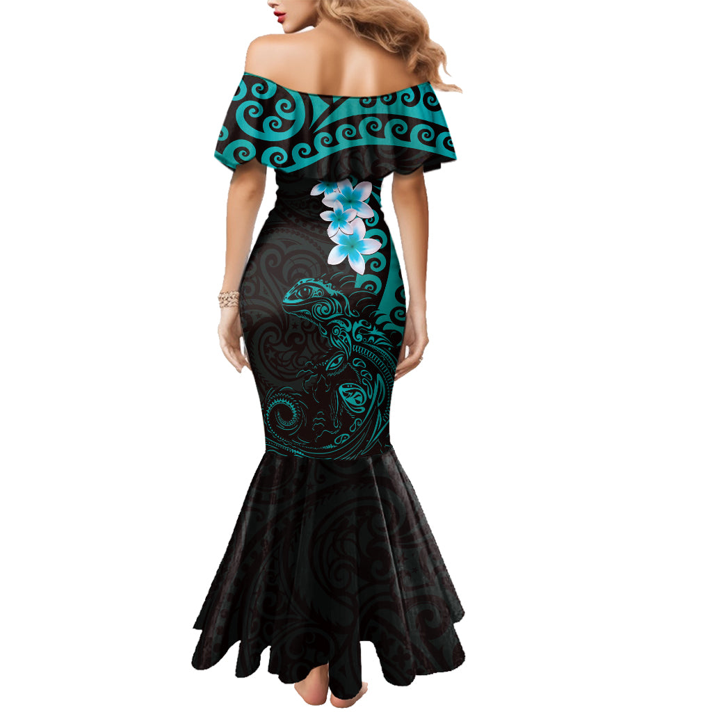 New Zealand Tuatara Plumeria Family Matching Mermaid Dress and Hawaiian Shirt Maori Teal Koru Tribal Tattoo LT01 - Polynesian Pride