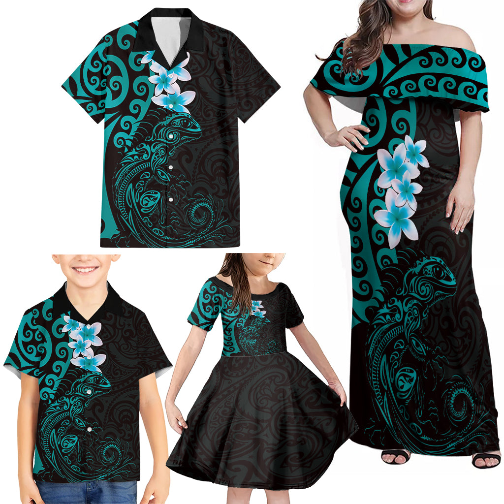 New Zealand Tuatara Plumeria Family Matching Off Shoulder Maxi Dress and Hawaiian Shirt Maori Teal Koru Tribal Tattoo LT01 - Polynesian Pride