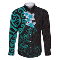 New Zealand Tuatara Plumeria Family Matching Off Shoulder Maxi Dress and Hawaiian Shirt Maori Teal Koru Tribal Tattoo LT01 Dad's Shirt - Long Sleeve Teal - Polynesian Pride