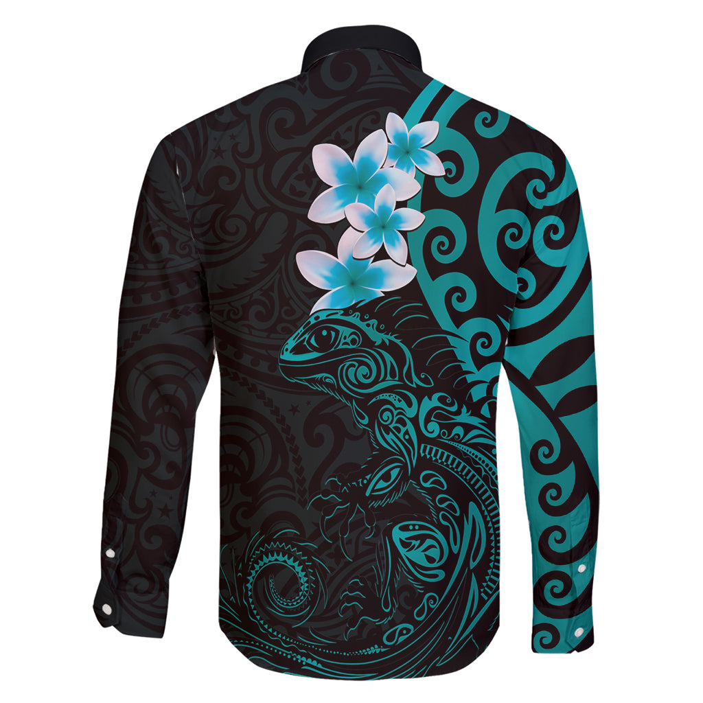 New Zealand Tuatara Plumeria Family Matching Off Shoulder Maxi Dress and Hawaiian Shirt Maori Teal Koru Tribal Tattoo LT01 - Polynesian Pride