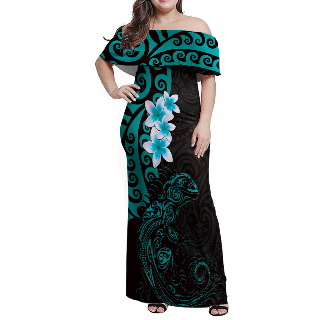 New Zealand Tuatara Plumeria Family Matching Off Shoulder Maxi Dress and Hawaiian Shirt Maori Teal Koru Tribal Tattoo LT01 Mom's Dress Teal - Polynesian Pride