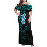 New Zealand Tuatara Plumeria Family Matching Off Shoulder Maxi Dress and Hawaiian Shirt Maori Teal Koru Tribal Tattoo LT01 Mom's Dress Teal - Polynesian Pride