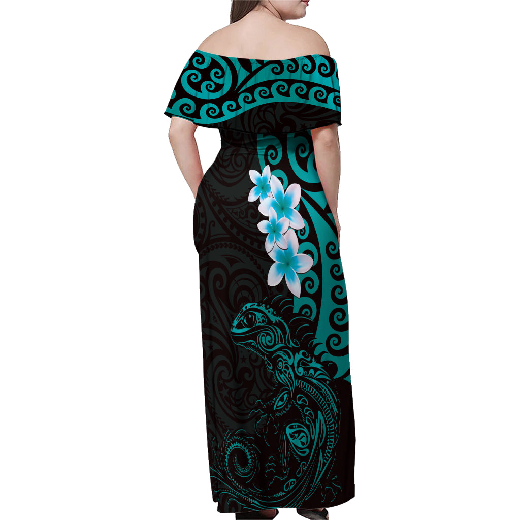 New Zealand Tuatara Plumeria Family Matching Off Shoulder Maxi Dress and Hawaiian Shirt Maori Teal Koru Tribal Tattoo LT01 - Polynesian Pride