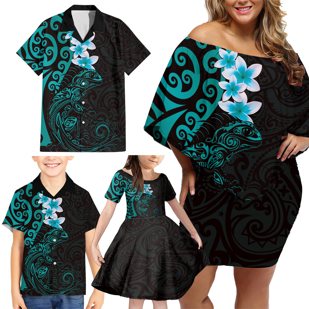 New Zealand Tuatara Plumeria Family Matching Off Shoulder Short Dress and Hawaiian Shirt Maori Teal Koru Tribal Tattoo LT01 - Polynesian Pride