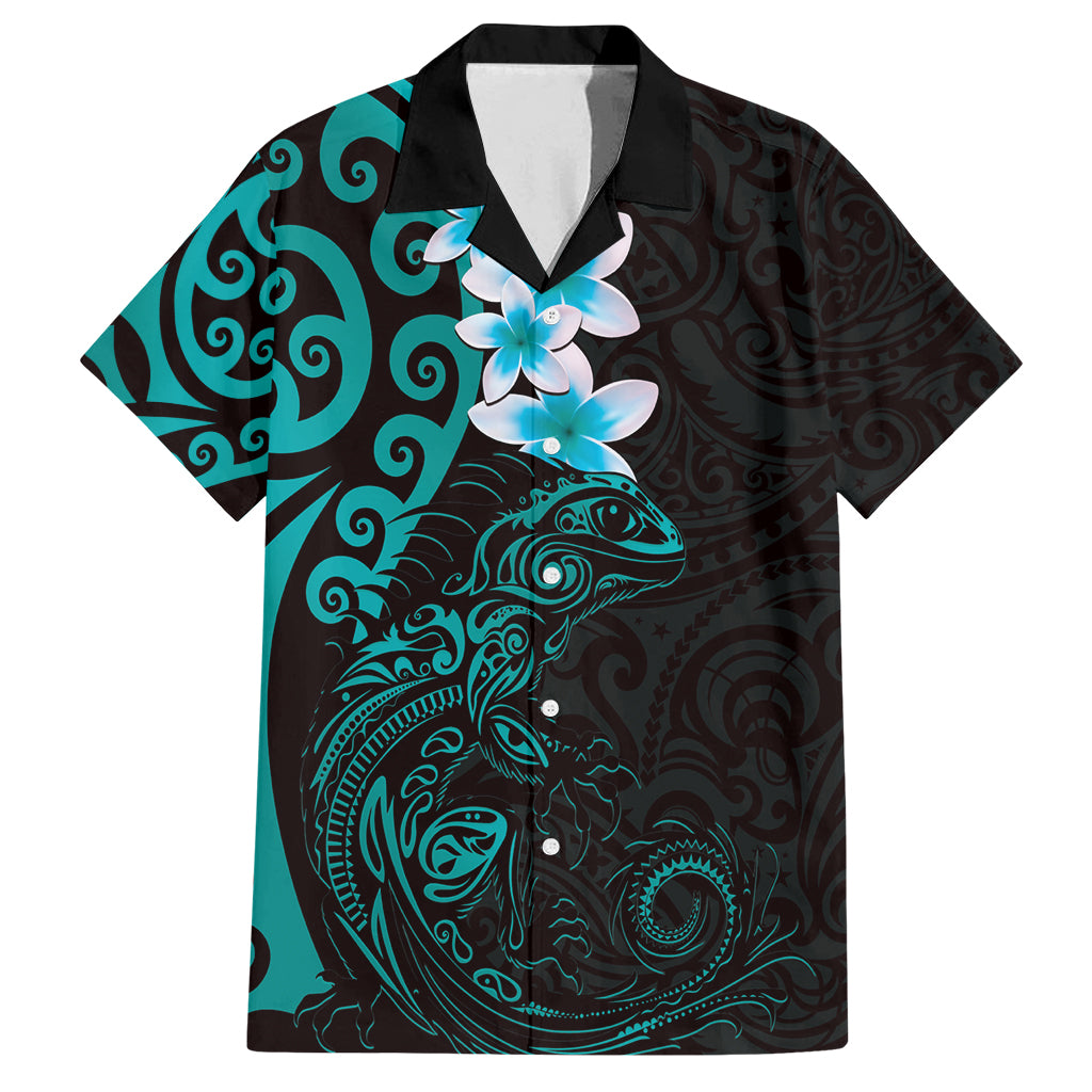 New Zealand Tuatara Plumeria Family Matching Off Shoulder Short Dress and Hawaiian Shirt Maori Teal Koru Tribal Tattoo LT01 Dad's Shirt - Short Sleeve Teal - Polynesian Pride