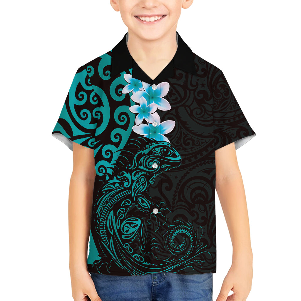 New Zealand Tuatara Plumeria Family Matching Off Shoulder Short Dress and Hawaiian Shirt Maori Teal Koru Tribal Tattoo LT01 Son's Shirt Teal - Polynesian Pride