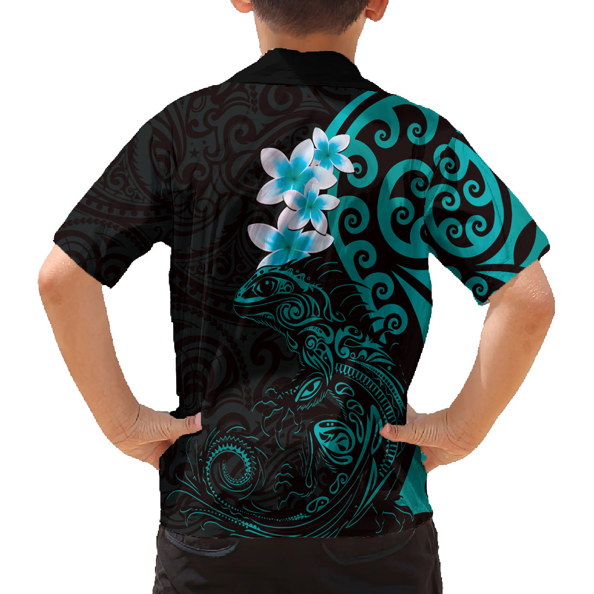 New Zealand Tuatara Plumeria Family Matching Puletasi and Hawaiian Shirt Maori Teal Koru Tribal Tattoo LT01 - Polynesian Pride