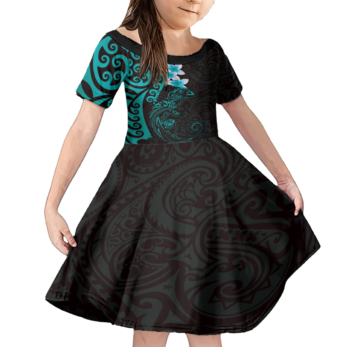 New Zealand Tuatara Plumeria Family Matching Puletasi and Hawaiian Shirt Maori Teal Koru Tribal Tattoo LT01 Daughter's Dress Teal - Polynesian Pride