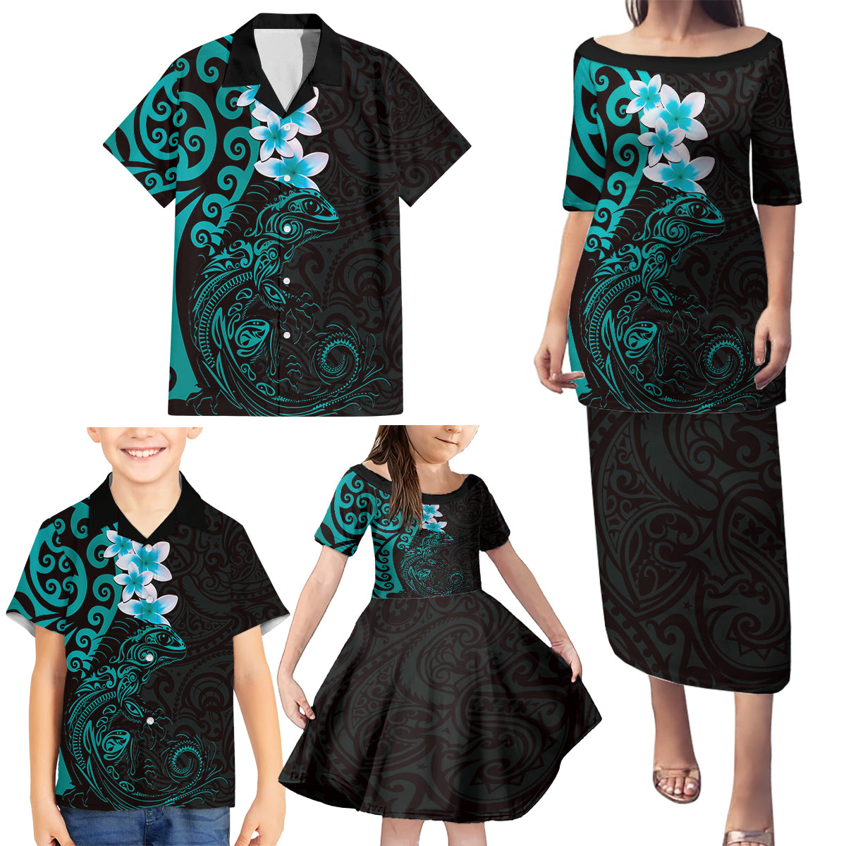 New Zealand Tuatara Plumeria Family Matching Puletasi and Hawaiian Shirt Maori Teal Koru Tribal Tattoo LT01 - Polynesian Pride