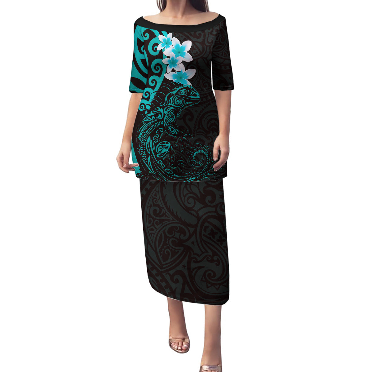 New Zealand Tuatara Plumeria Family Matching Puletasi and Hawaiian Shirt Maori Teal Koru Tribal Tattoo LT01 Mom's Dress Teal - Polynesian Pride