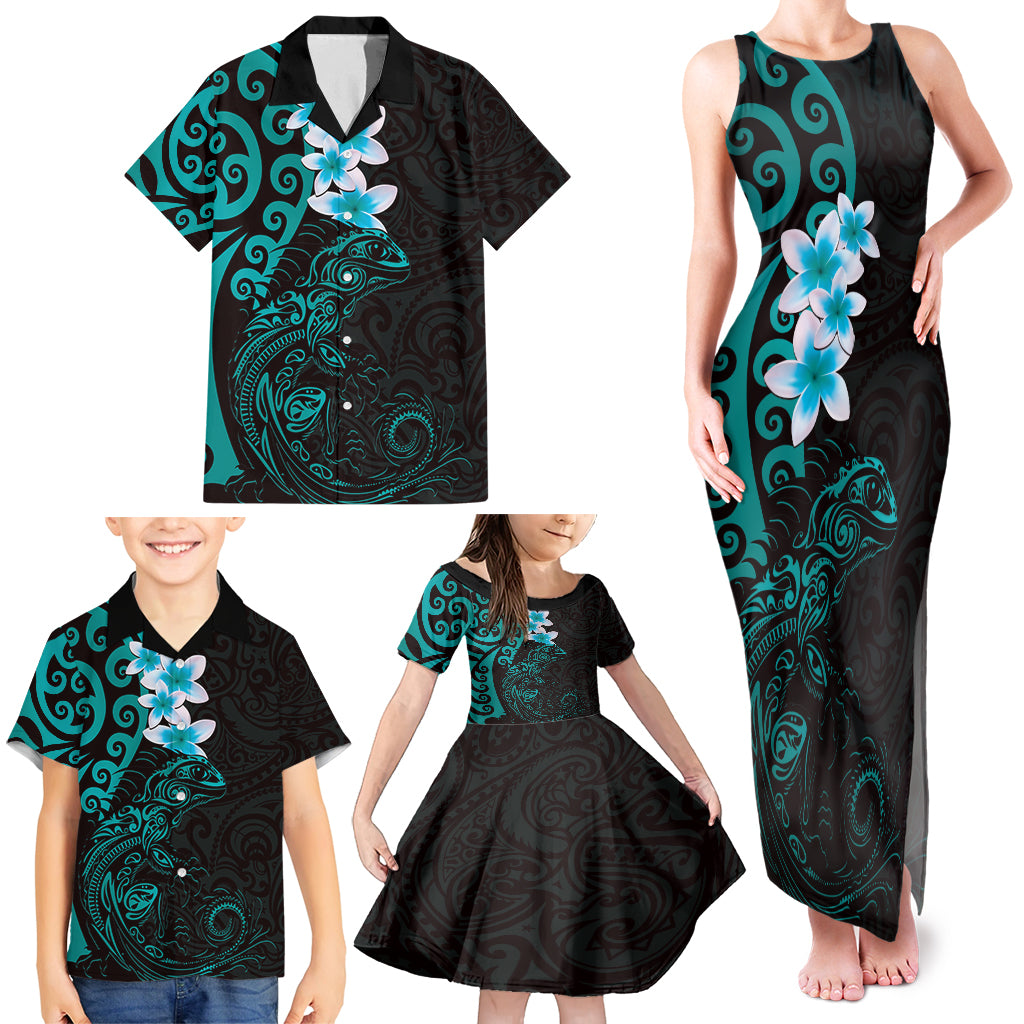 New Zealand Tuatara Plumeria Family Matching Tank Maxi Dress and Hawaiian Shirt Maori Teal Koru Tribal Tattoo LT01 - Polynesian Pride