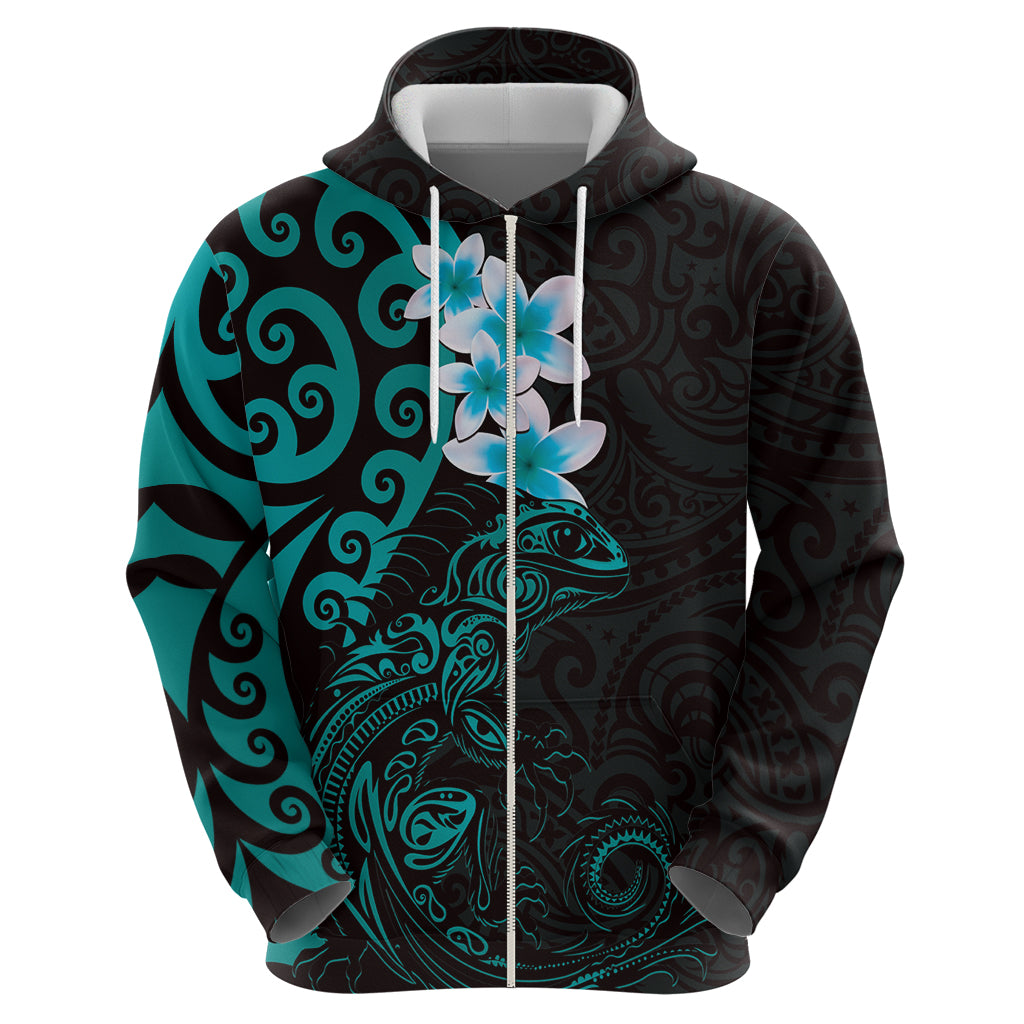 New Zealand Tuatara Plumeria Hoodie Maori Teal Koru Tribal Tattoo