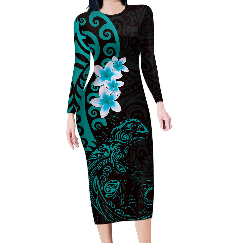 New Zealand Tuatara Plumeria Long Sleeve Bodycon Dress Maori Teal Koru Tribal Tattoo LT01 Long Dress Teal - Polynesian Pride