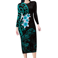 New Zealand Tuatara Plumeria Long Sleeve Bodycon Dress Maori Teal Koru Tribal Tattoo LT01 Long Dress Teal - Polynesian Pride