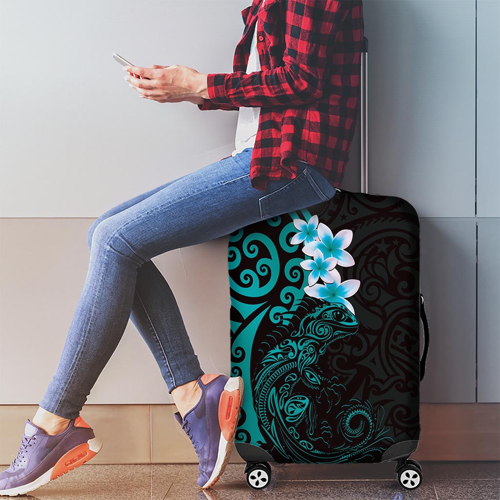 New Zealand Tuatara Plumeria Luggage Cover Maori Teal Koru Tribal Tattoo