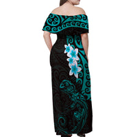 New Zealand Tuatara Plumeria Off Shoulder Maxi Dress Maori Teal Koru Tribal Tattoo