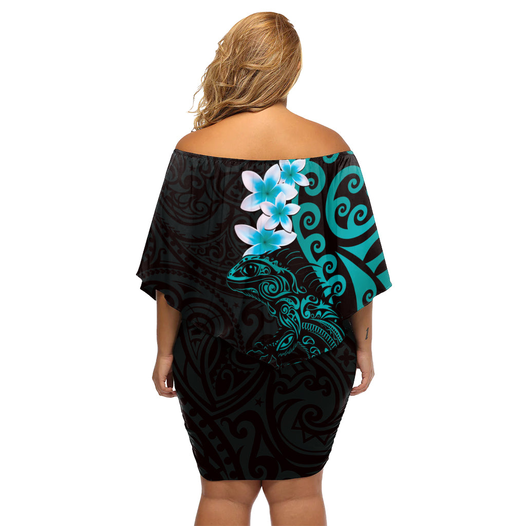 New Zealand Tuatara Plumeria Off Shoulder Short Dress Maori Teal Koru Tribal Tattoo