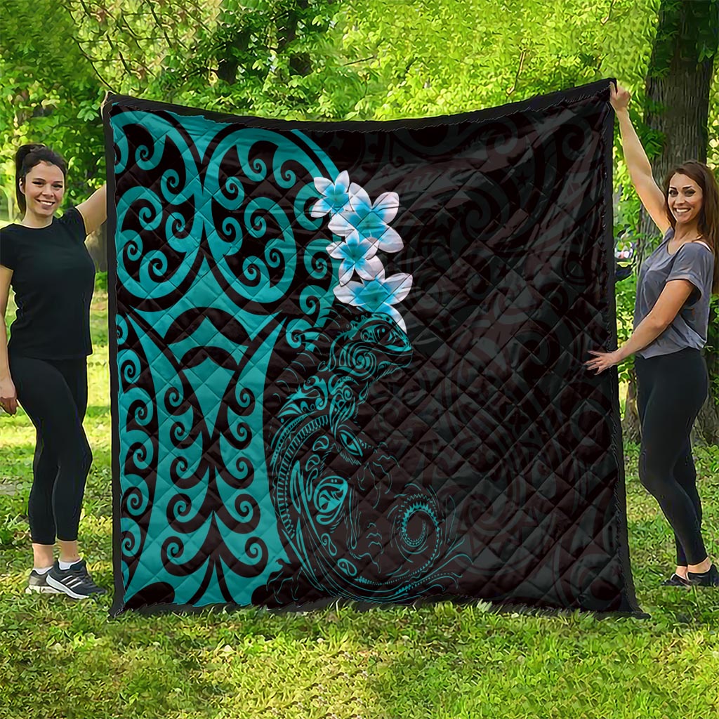New Zealand Tuatara Plumeria Quilt Maori Teal Koru Tribal Tattoo LT01 - Polynesian Pride