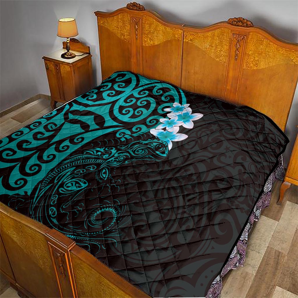 New Zealand Tuatara Plumeria Quilt Maori Teal Koru Tribal Tattoo LT01 - Polynesian Pride
