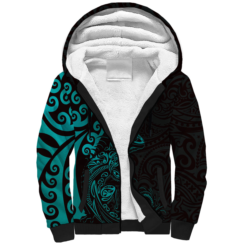 New Zealand Tuatara Plumeria Sherpa Hoodie Maori Teal Koru Tribal Tattoo