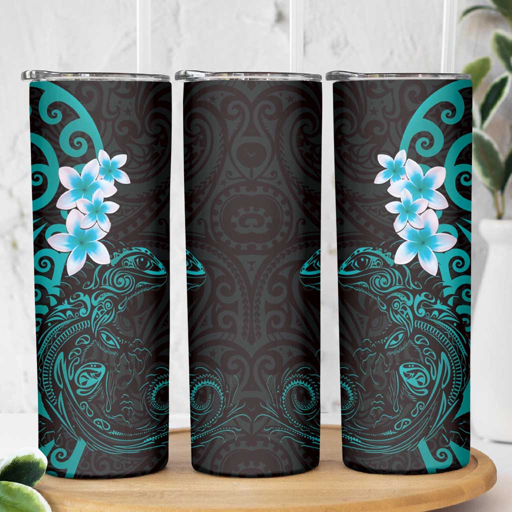 New Zealand Tuatara Plumeria Skinny Tumbler Maori Teal Koru Tribal Tattoo LT01 - Polynesian Pride