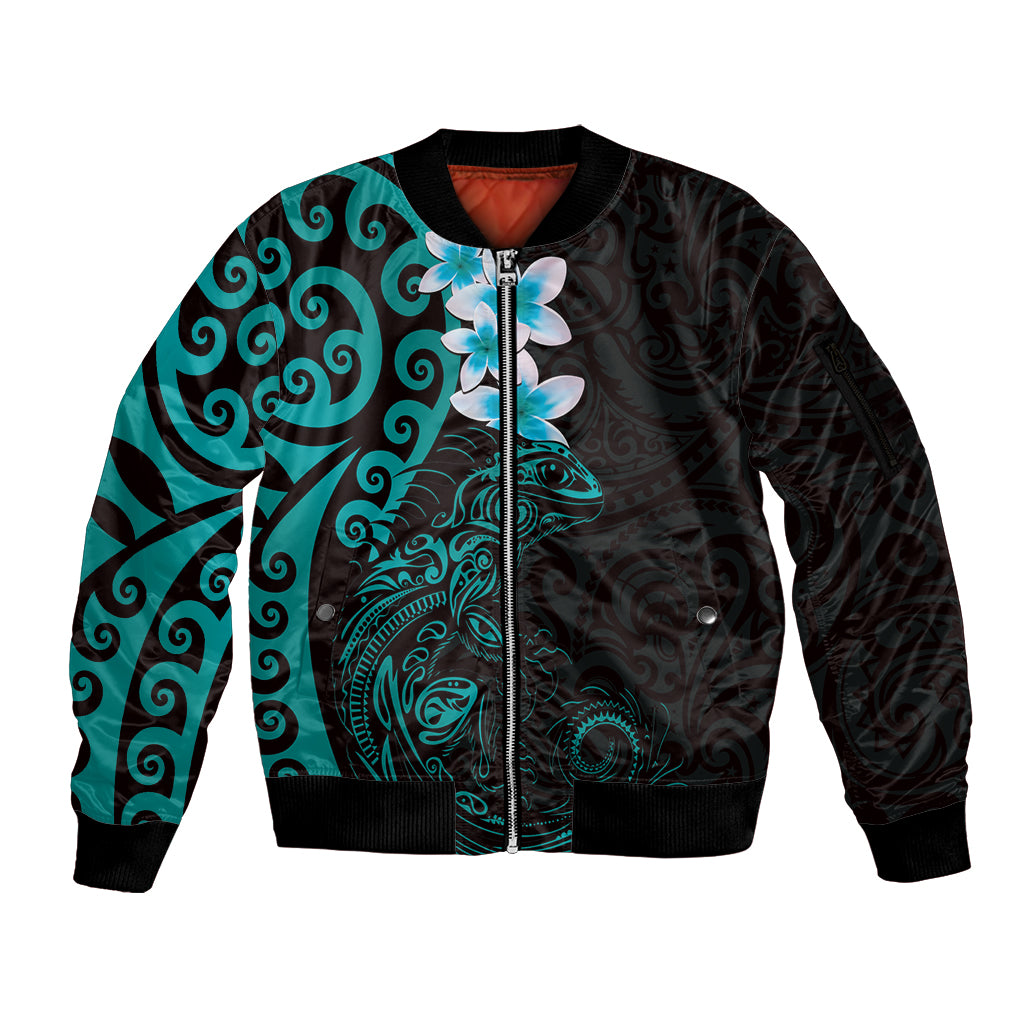New Zealand Tuatara Plumeria Sleeve Zip Bomber Jacket Maori Teal Koru Tribal Tattoo