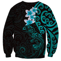 New Zealand Tuatara Plumeria Sweatshirt Maori Teal Koru Tribal Tattoo LT01 - Polynesian Pride