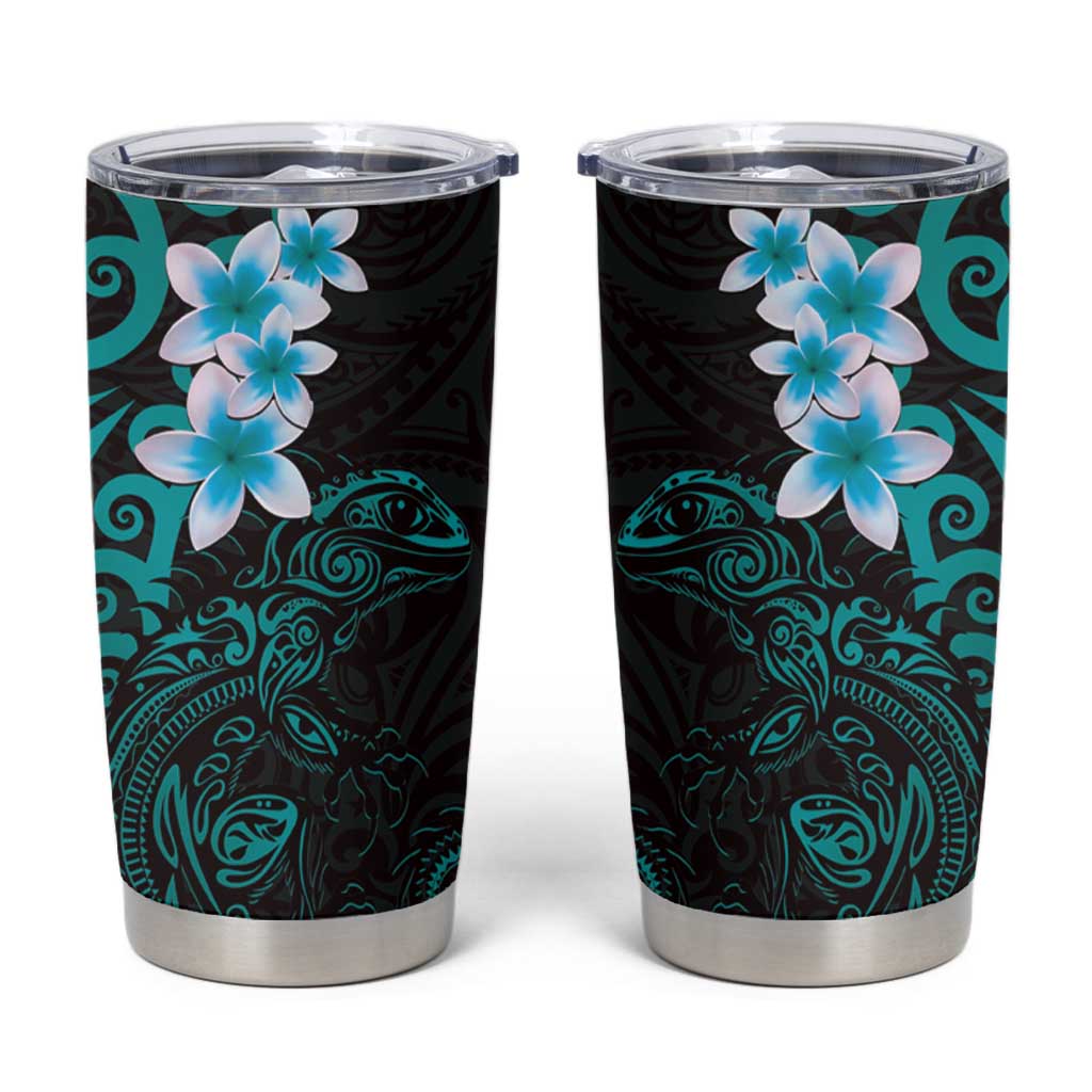 New Zealand Tuatara Plumeria Tumbler Cup Maori Teal Koru Tribal Tattoo