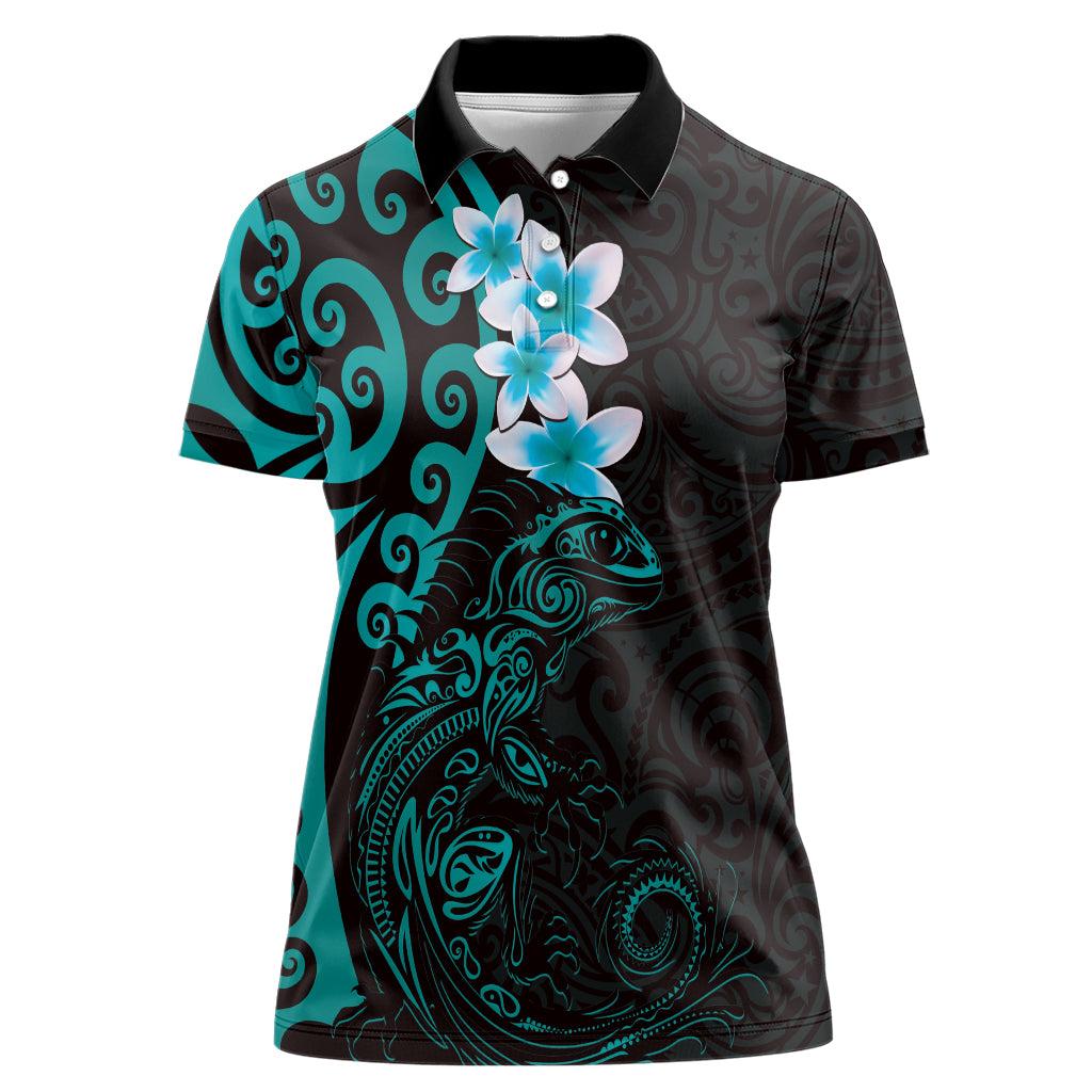 New Zealand Tuatara Plumeria Women Polo Shirt Maori Teal Koru Tribal Tattoo