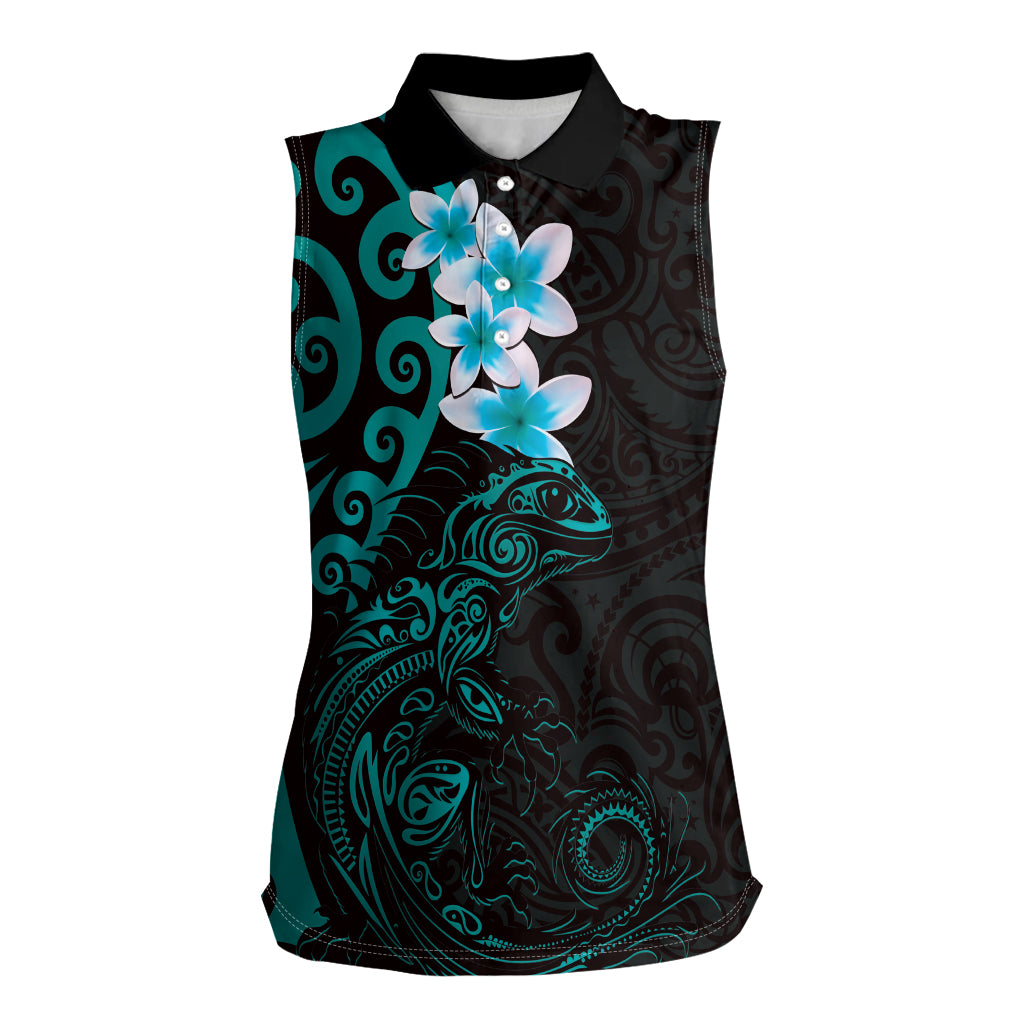 New Zealand Tuatara Plumeria Women Sleeveless Polo Shirt Maori Teal Koru Tribal Tattoo
