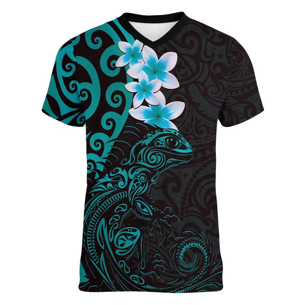 New Zealand Tuatara Plumeria Women V-Neck T-Shirt Maori Teal Koru Tribal Tattoo LT01 Female Teal - Polynesian Pride