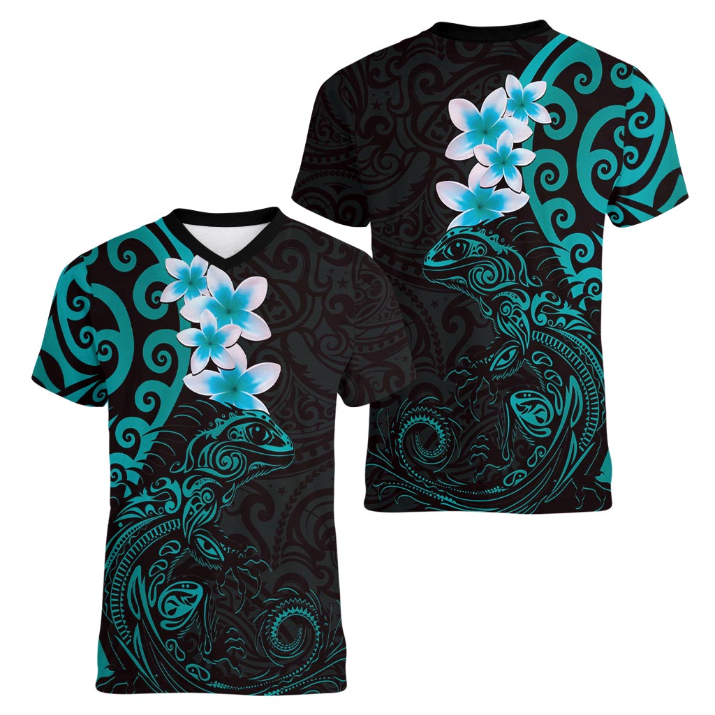 New Zealand Tuatara Plumeria Women V-Neck T-Shirt Maori Teal Koru Tribal Tattoo LT01 - Polynesian Pride