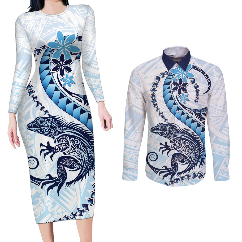 Blue Maori Tuatara Couples Matching Long Sleeve Bodycon Dress and Long Sleeve Button Shirt Luxury Pastel Pattern LT01 Blue - Polynesian Pride