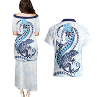 Blue Maori Tuatara Couples Matching Puletasi and Hawaiian Shirt Luxury Pastel Pattern