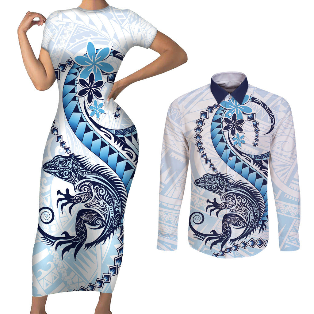 Blue Maori Tuatara Couples Matching Short Sleeve Bodycon Dress and Long Sleeve Button Shirt Luxury Pastel Pattern
