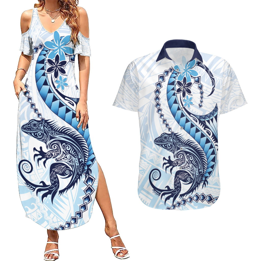 Blue Maori Tuatara Couples Matching Summer Maxi Dress and Hawaiian Shirt Luxury Pastel Pattern LT01 Blue - Polynesian Pride